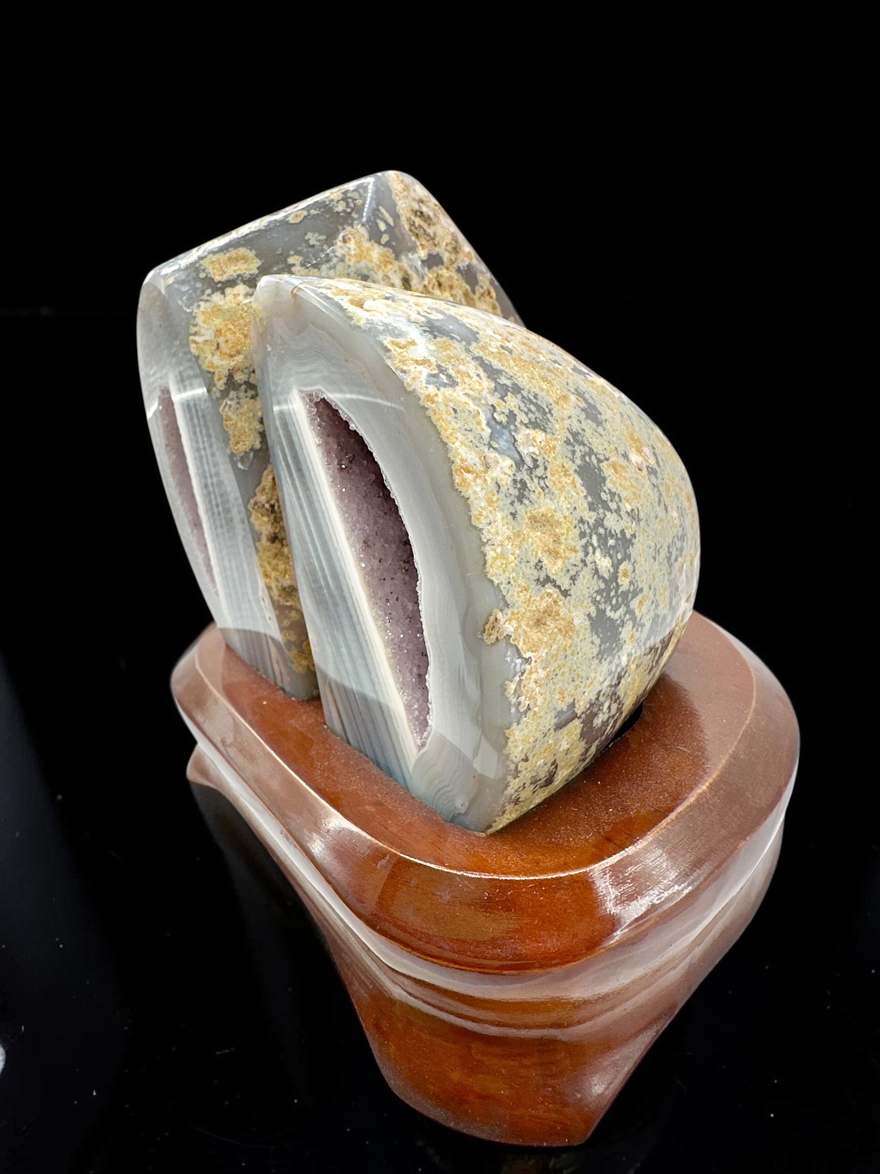Agate Pair on a Wooden Stand – Ametista do Sul, Brazil - PAR01