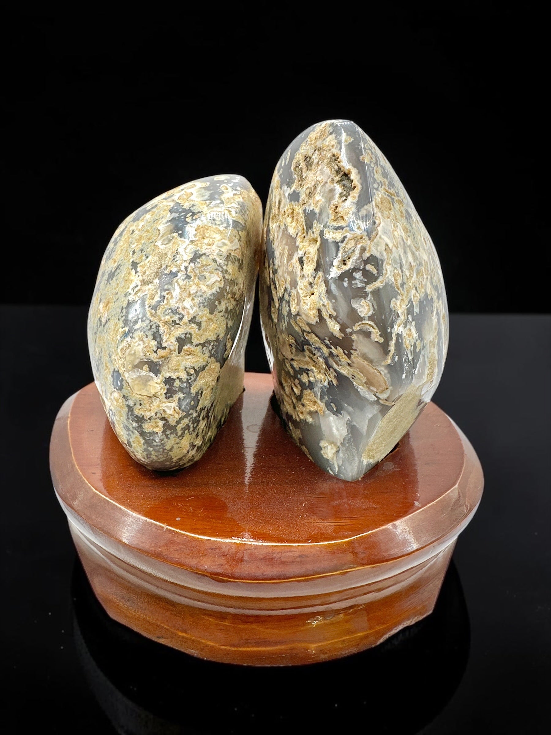 Agate Pair on a Wooden Stand – Ametista do Sul, Brazil - PAR01