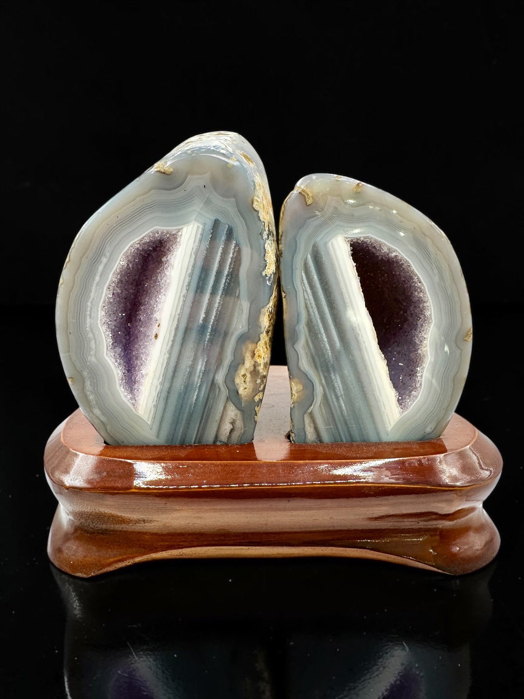Agate Pair on a Wooden Stand – Ametista do Sul, Brazil
