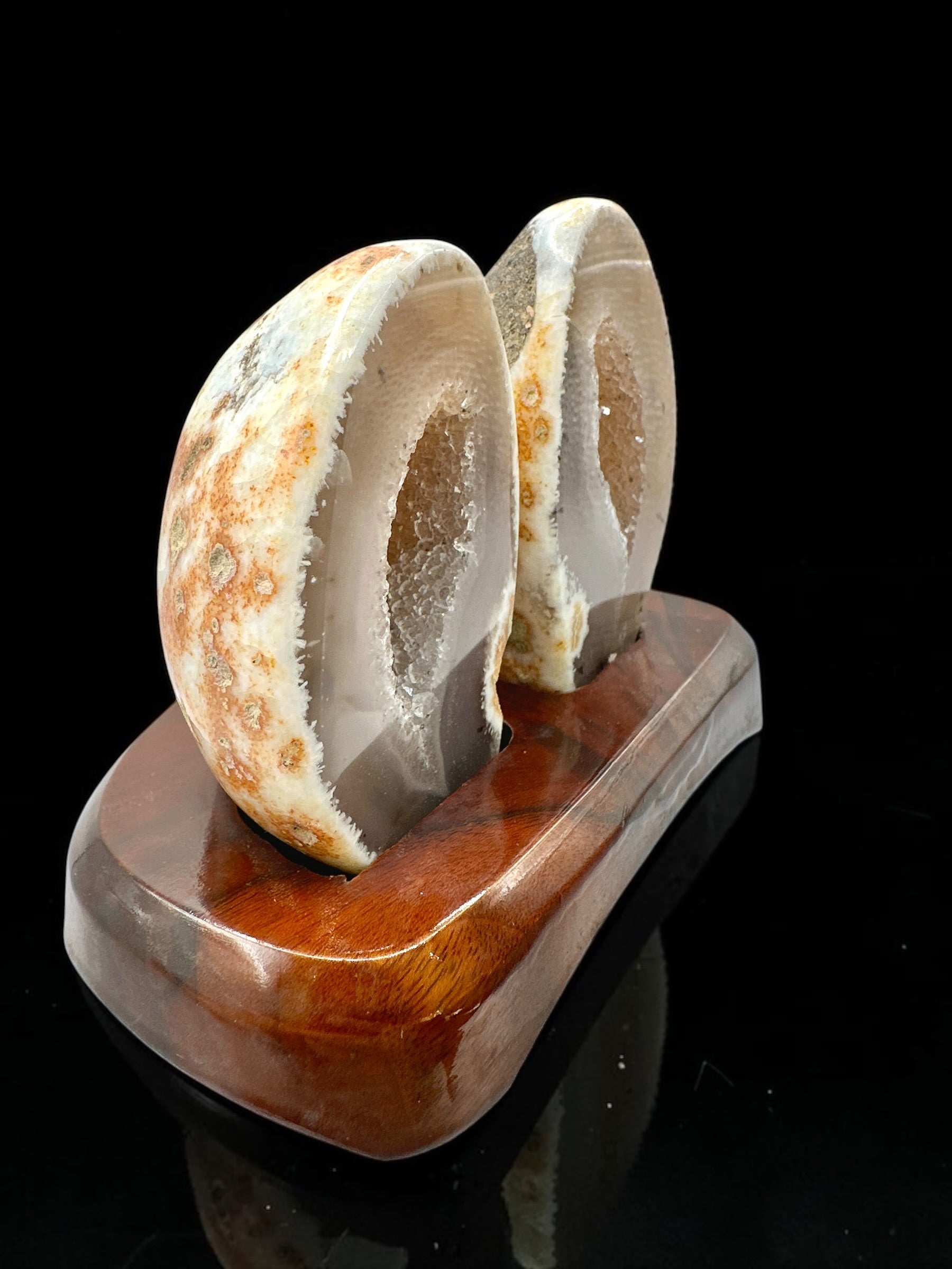 Agate Pair on a Wooden Stand – Ametista do Sul, Brazil - PAR02