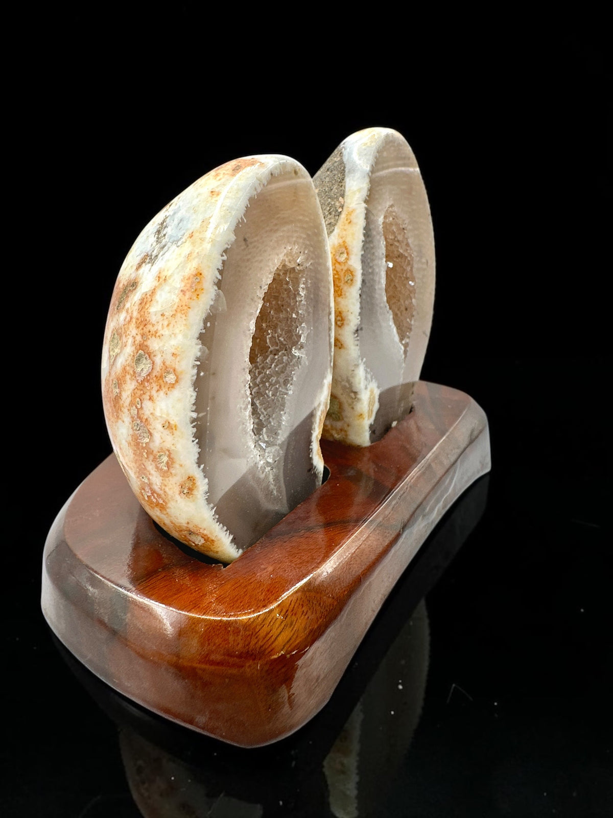 Agate Pair on a Wooden Stand – Ametista do Sul, Brazil - PAR02