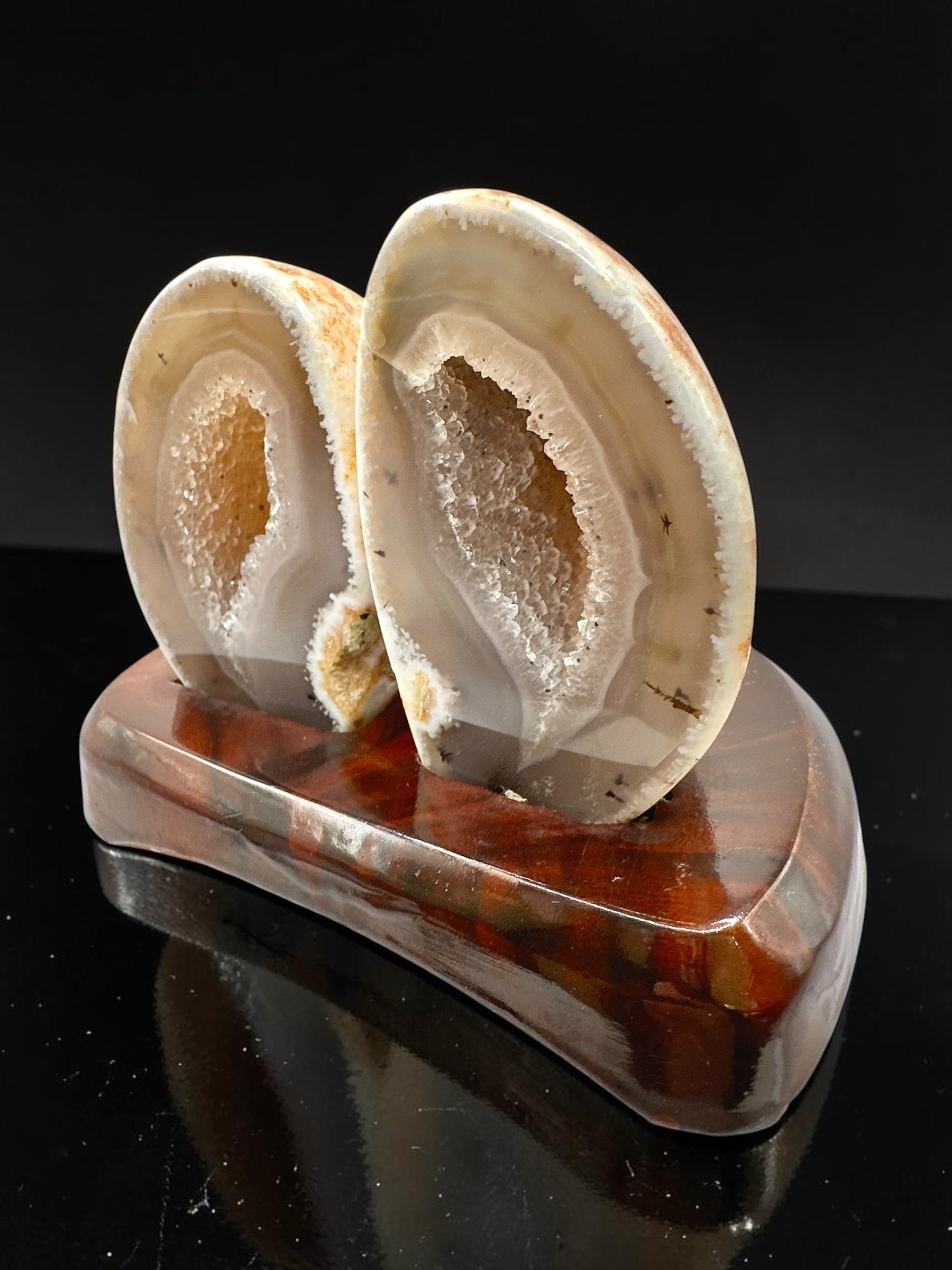 Agate Pair on a Wooden Stand – Ametista do Sul, Brazil - PAR02