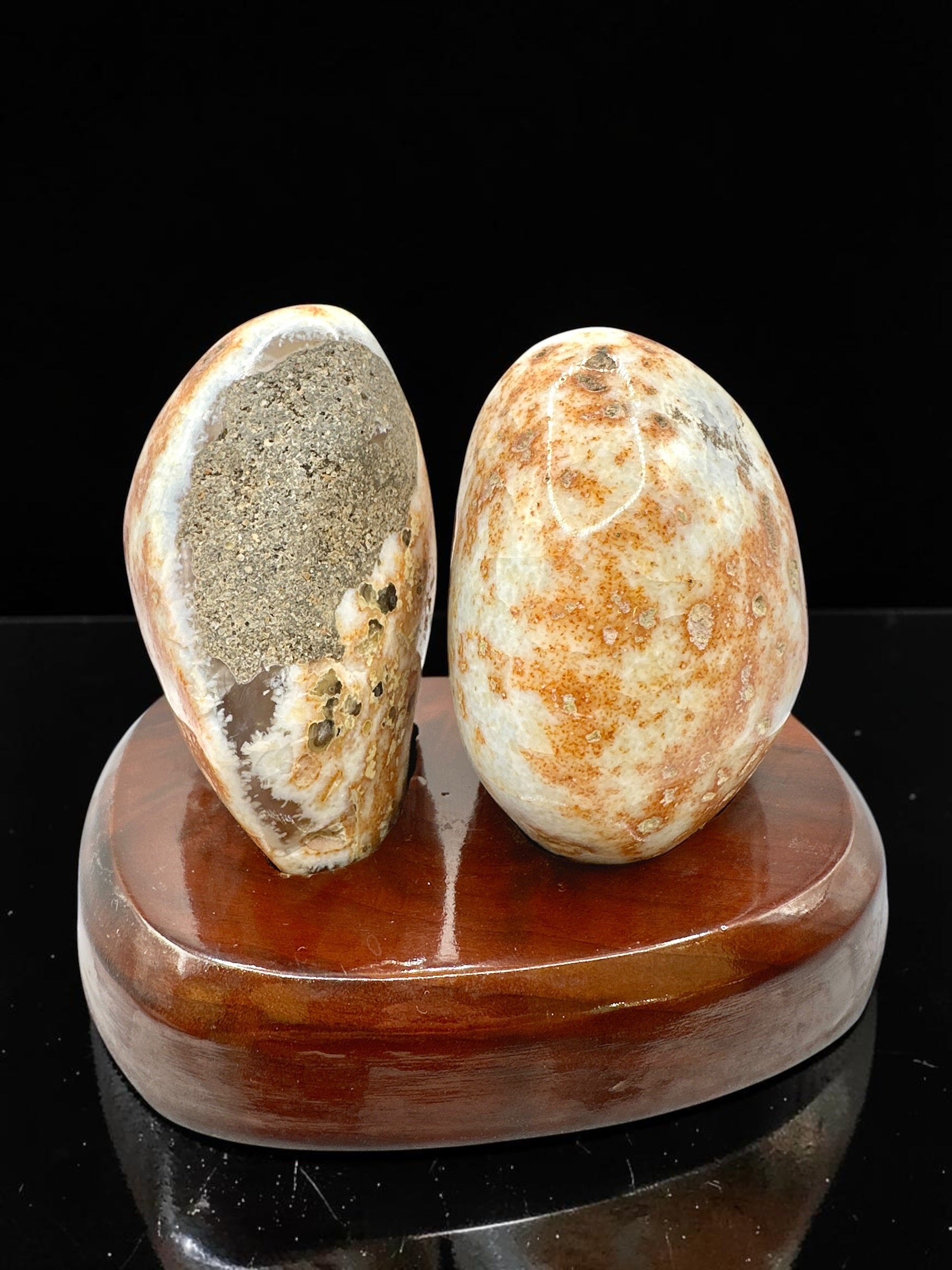 Agate Pair on a Wooden Stand – Ametista do Sul, Brazil - PAR02