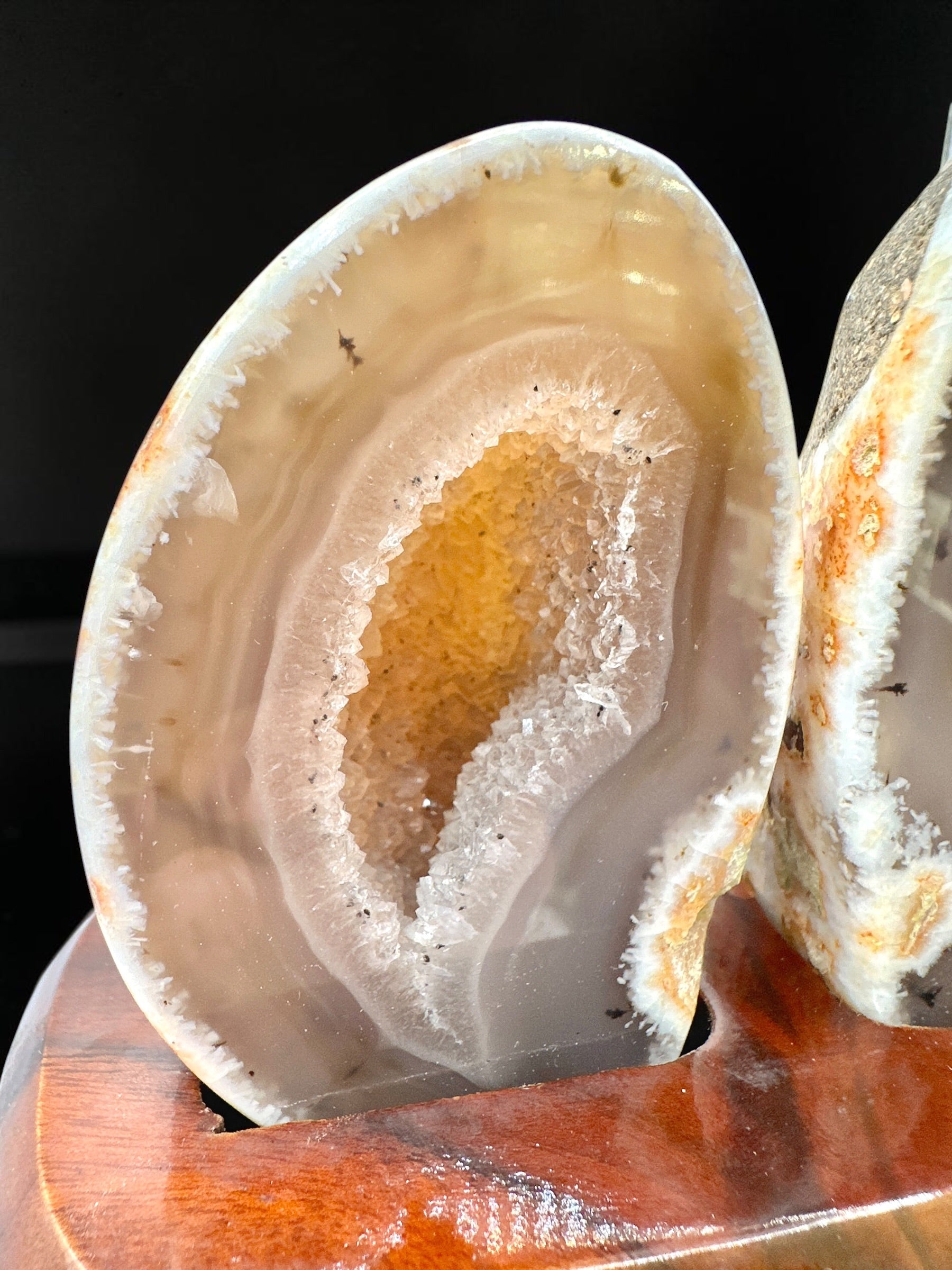 Agate Pair on a Wooden Stand – Ametista do Sul, Brazil - PAR02
