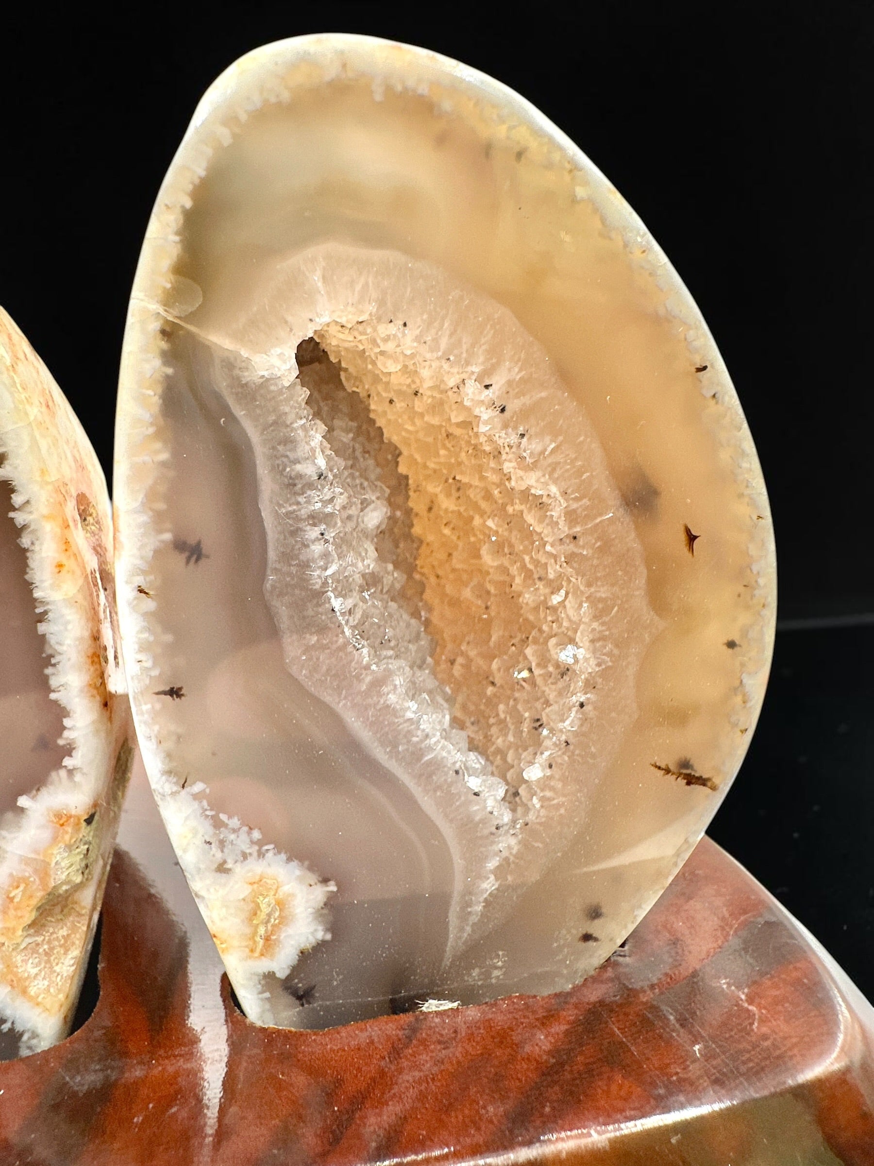 Agate Pair on a Wooden Stand – Ametista do Sul, Brazil - PAR02