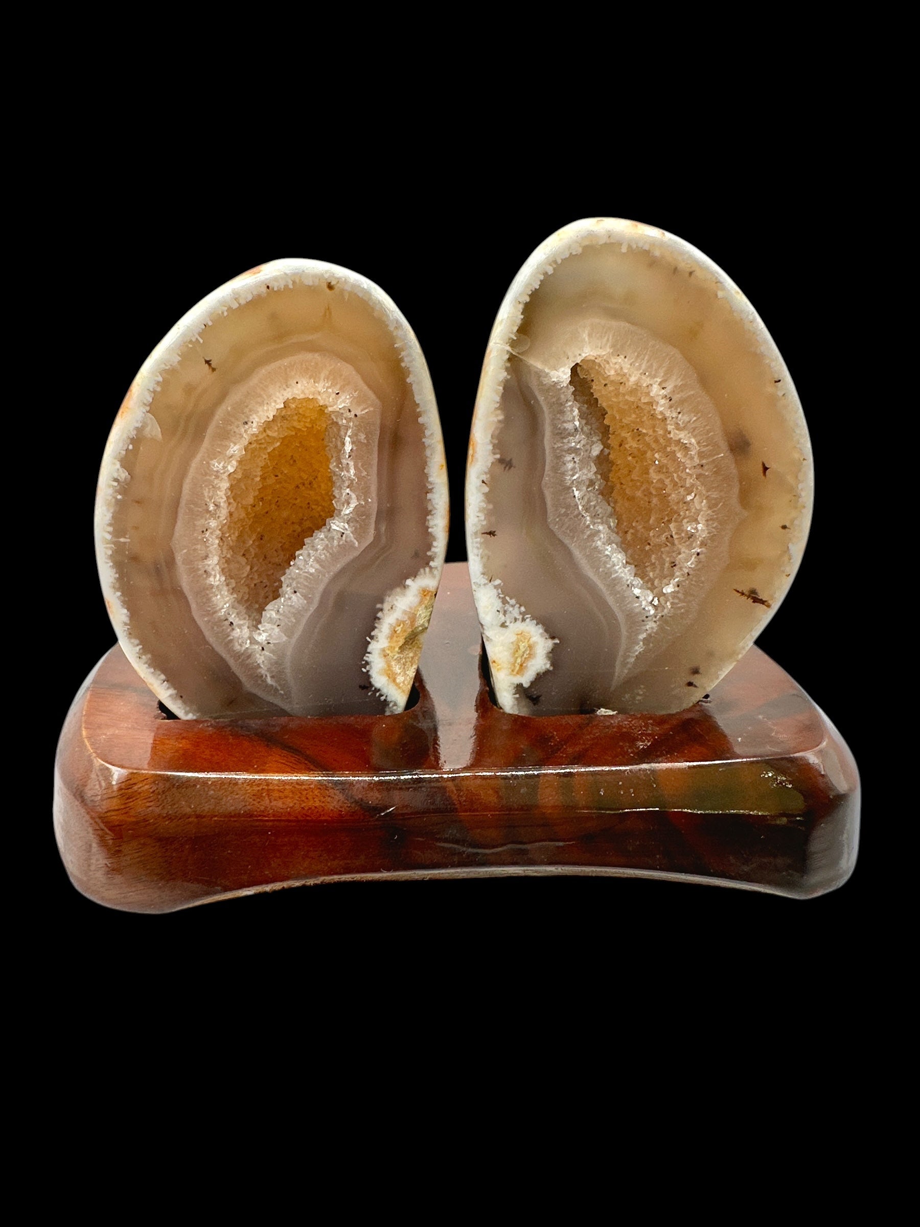 Agate Pair on a Wooden Stand – Ametista do Sul, Brazil