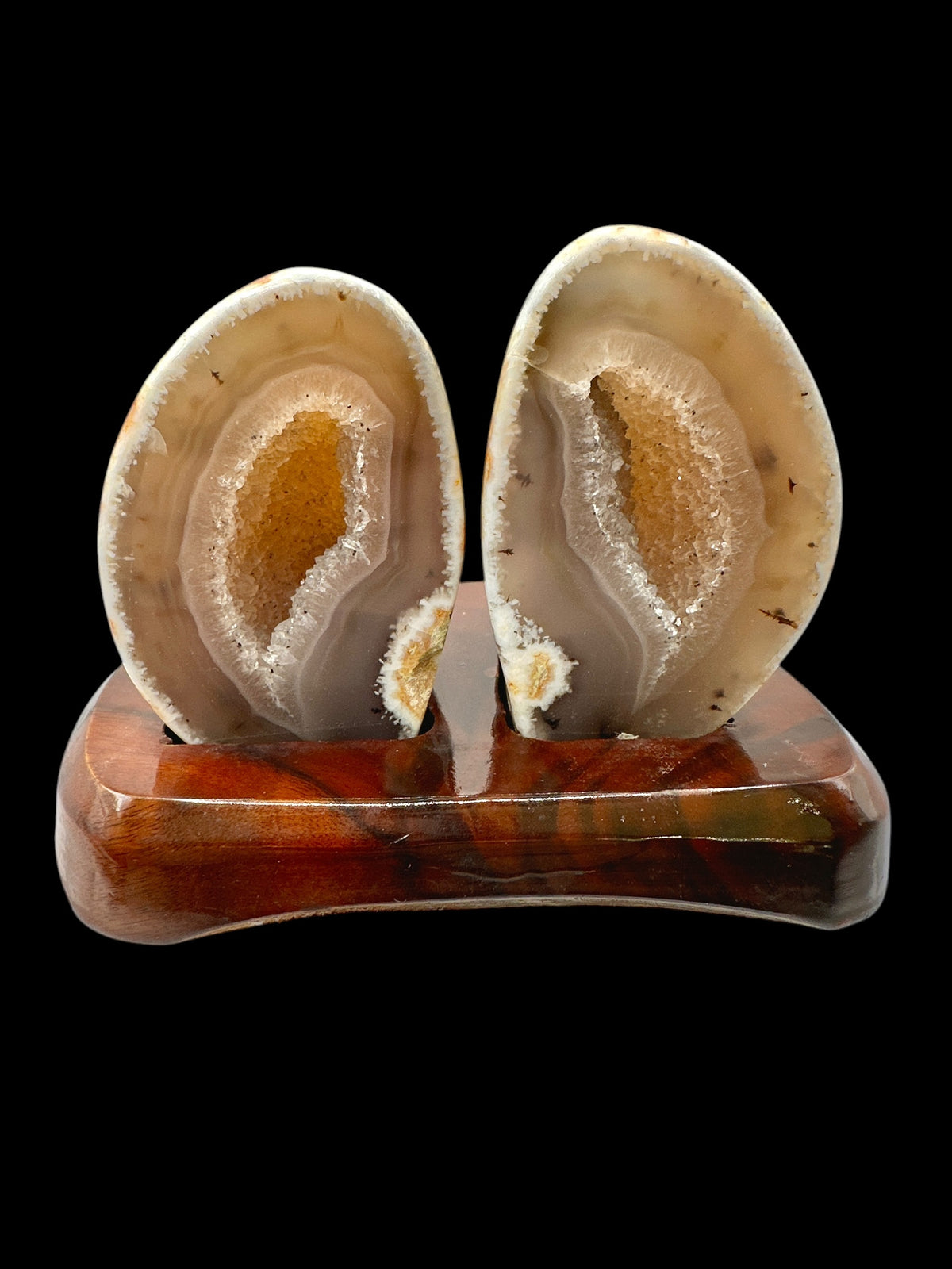 Agate Pair on a Wooden Stand – Ametista do Sul, Brazil