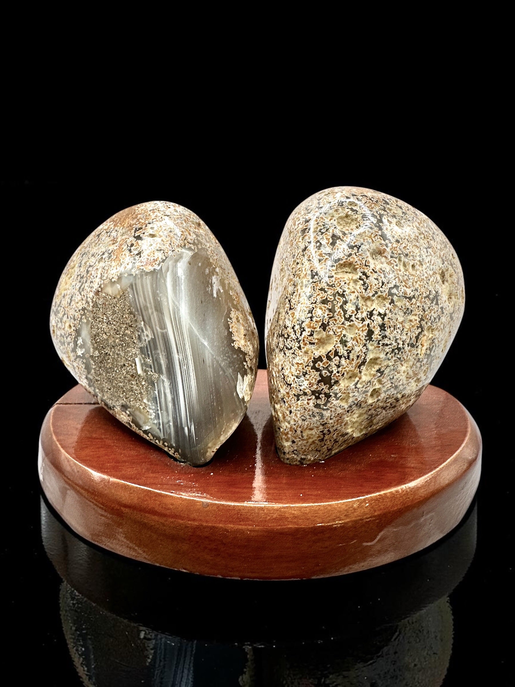 Agate Pair on a Wooden Stand – Ametista do Sul, Brazil - PAR03