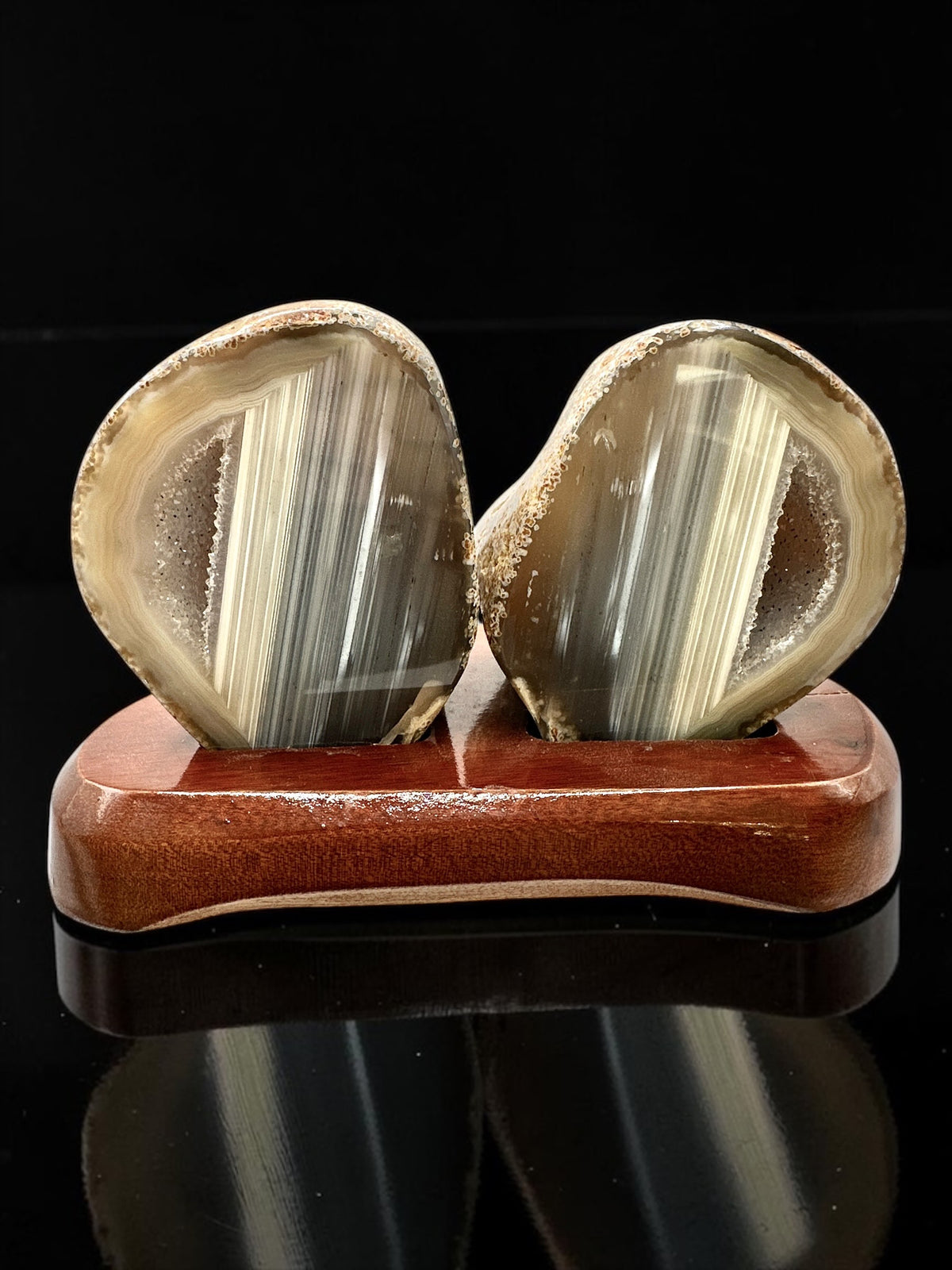 Agate Pair on a Wooden Stand – Ametista do Sul, Brazil