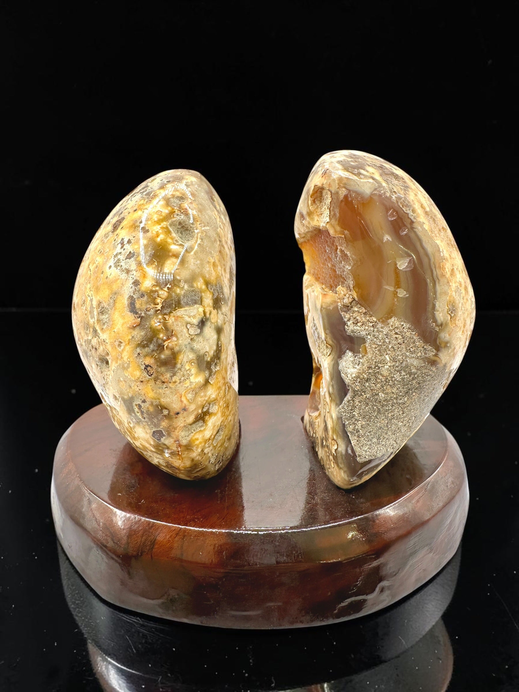Agate Pair on a Wooden Stand – Ametista do Sul, Brazil - PAR04