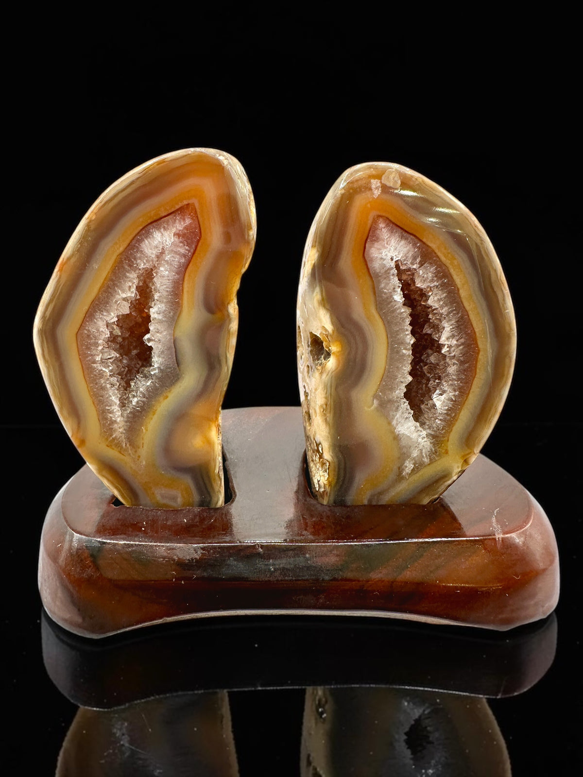 Agate Pair on a Wooden Stand – Ametista do Sul, Brazil