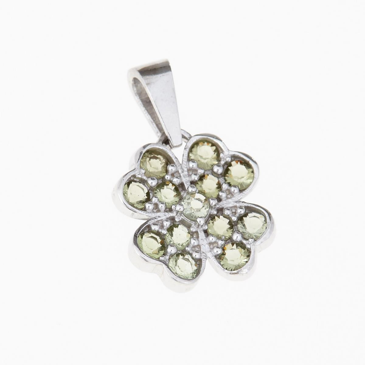 Pendente a forma di fiore in argento rodiato con tredici moldaviti verdi tonde incastonate