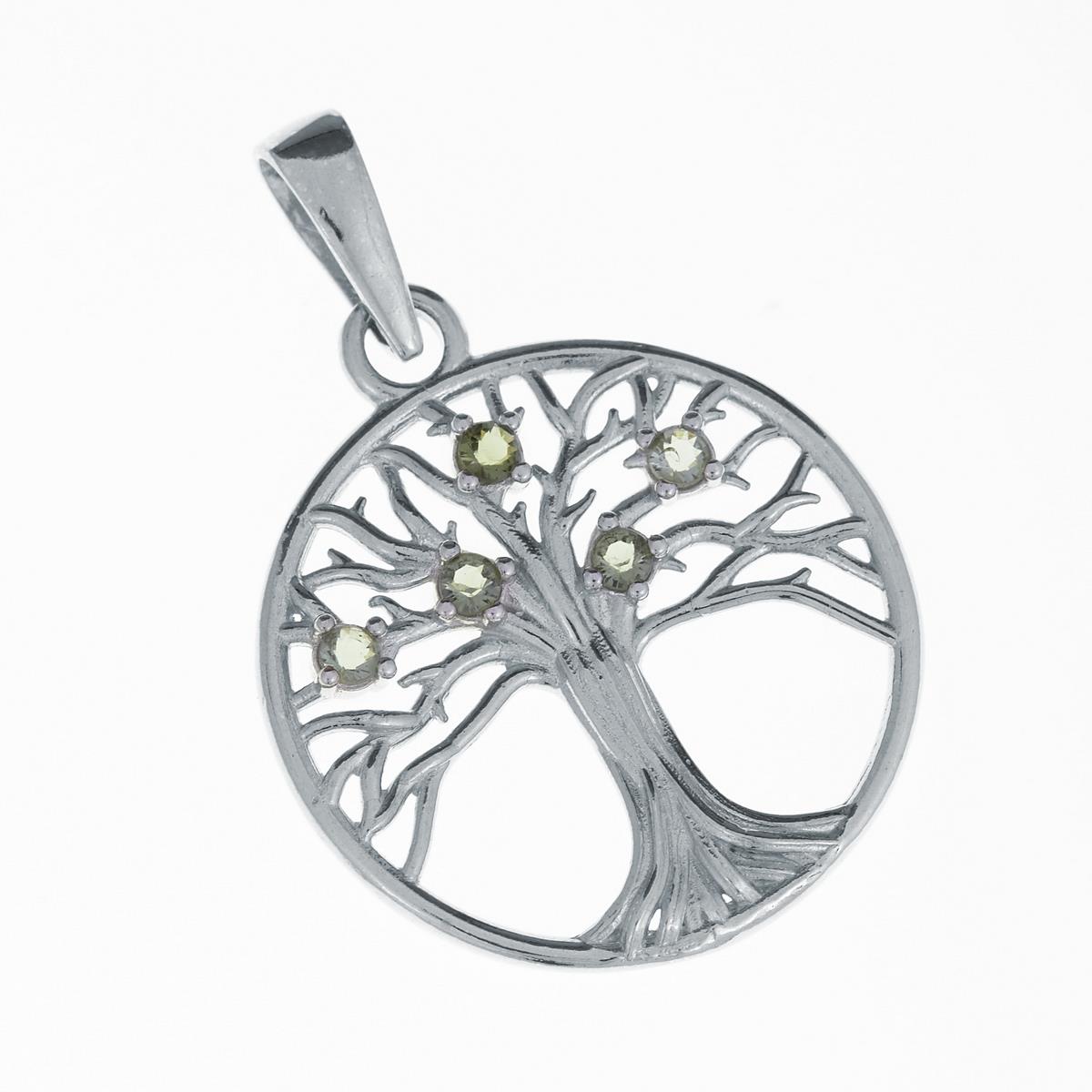Pendente tondo in argento rodiato a forma di albero della vita con cinque moldaviti verdi tra i rami
