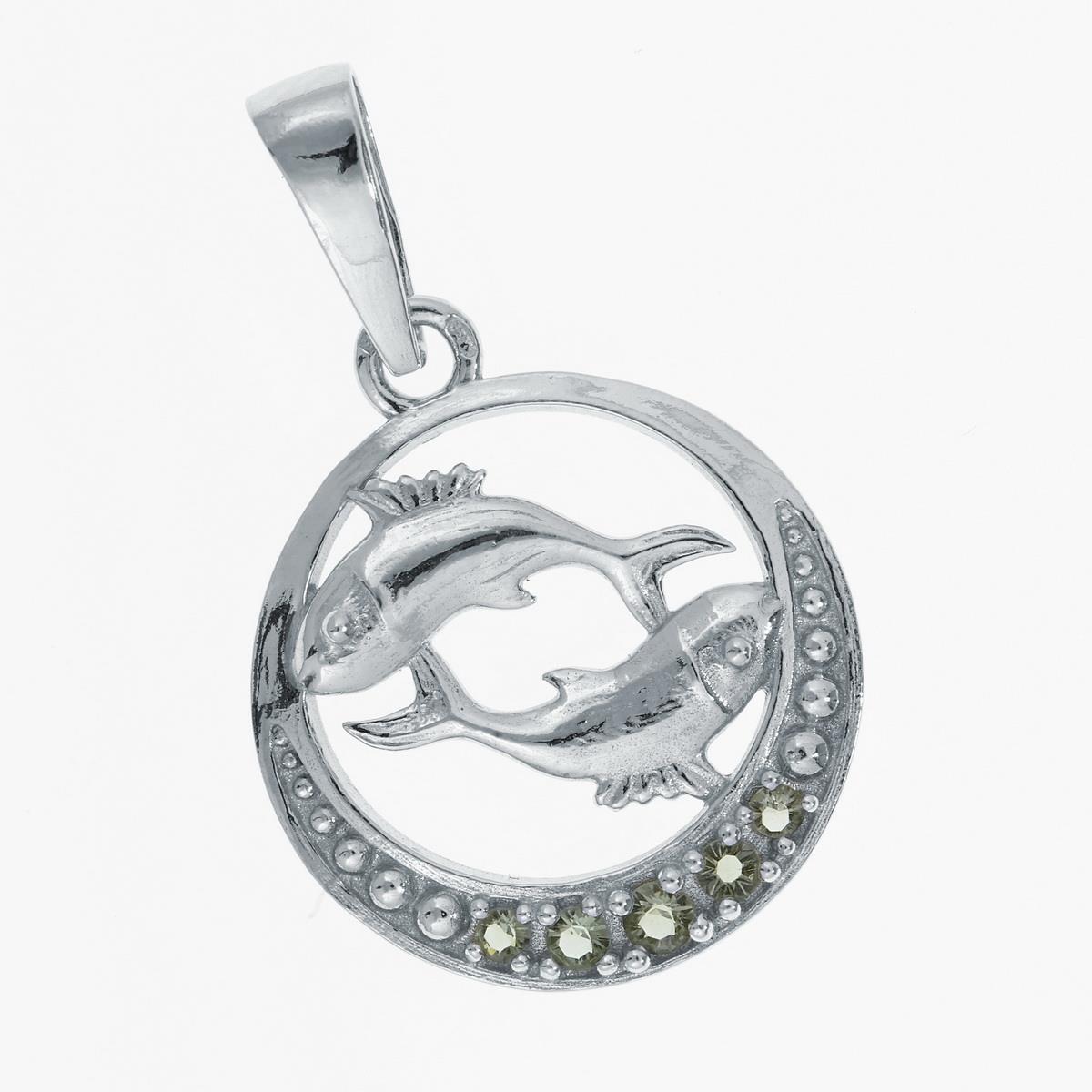 Pendente in argento 925 segno zodiacale Pesci con moldaviti verdi faccettate sul bordo del cerchio