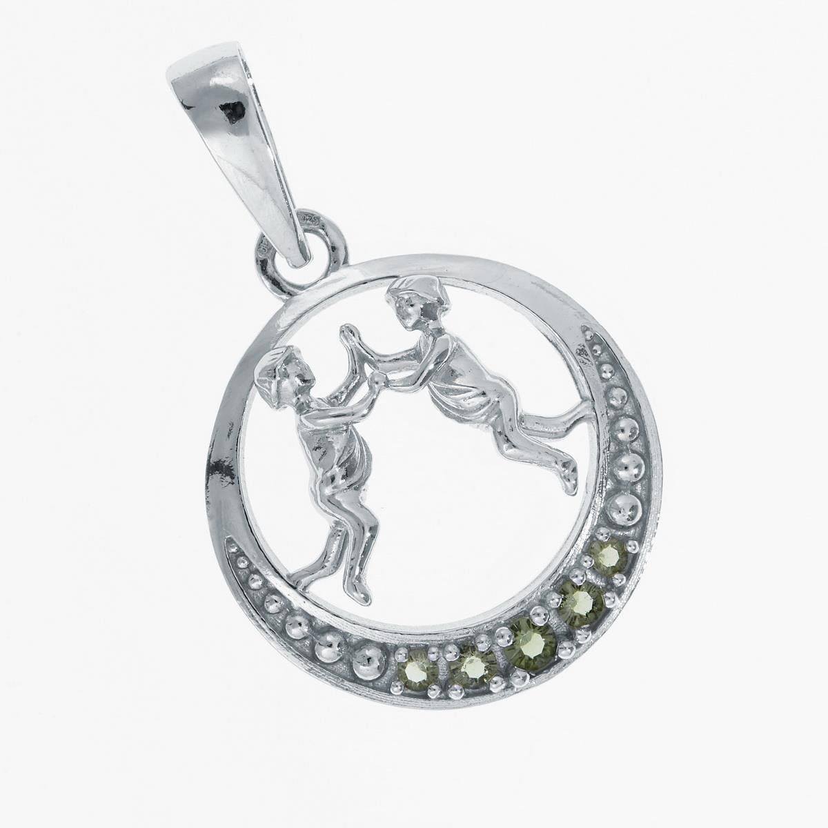 Pendente tondo in argento 925 con figure dei Gemelli e moldaviti faccettate verdi sul bordo inferiore