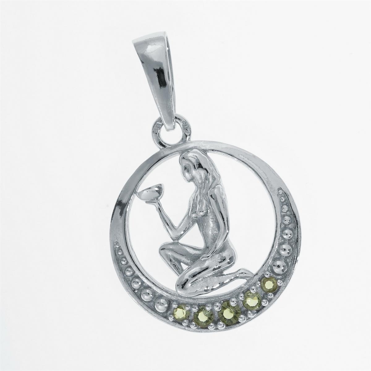 Pendente in argento 925 con segno zodiacale Vergine e cinque moldaviti verdi faccettate lungo il bordo