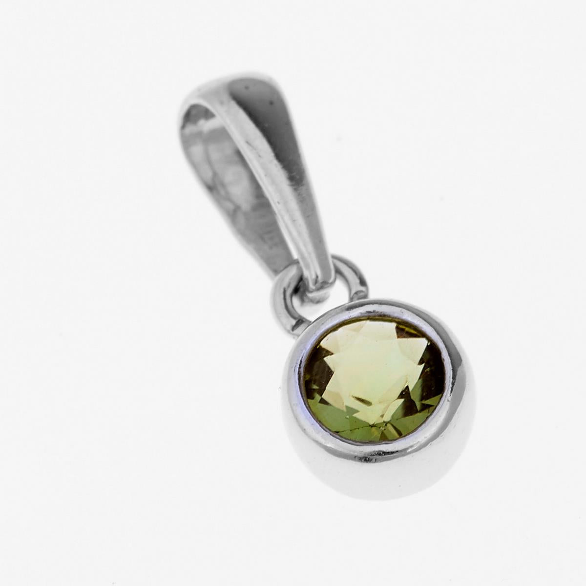 Pendente in argento rodiato con moldavite tonda faccettata verde oliva in castone liscio