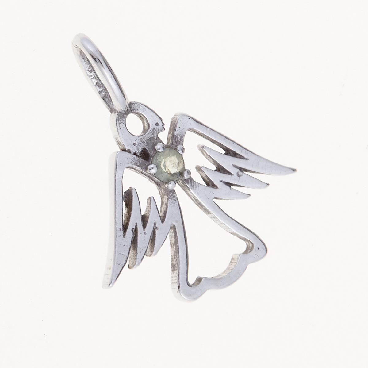 Pendente angelo traforato in argento rodiato con piccola moldavite verde faccettata incastonata a griffe