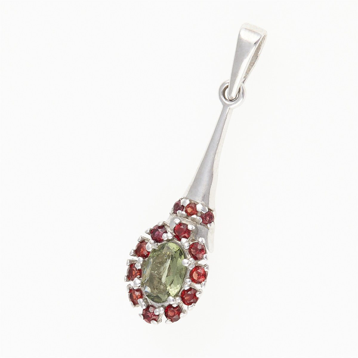 Silver pendant with moldavite and garnets 1005