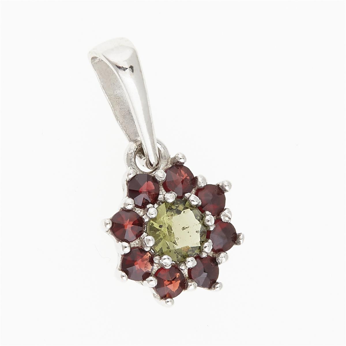 Silver pendant with moldavite and garnets 1071