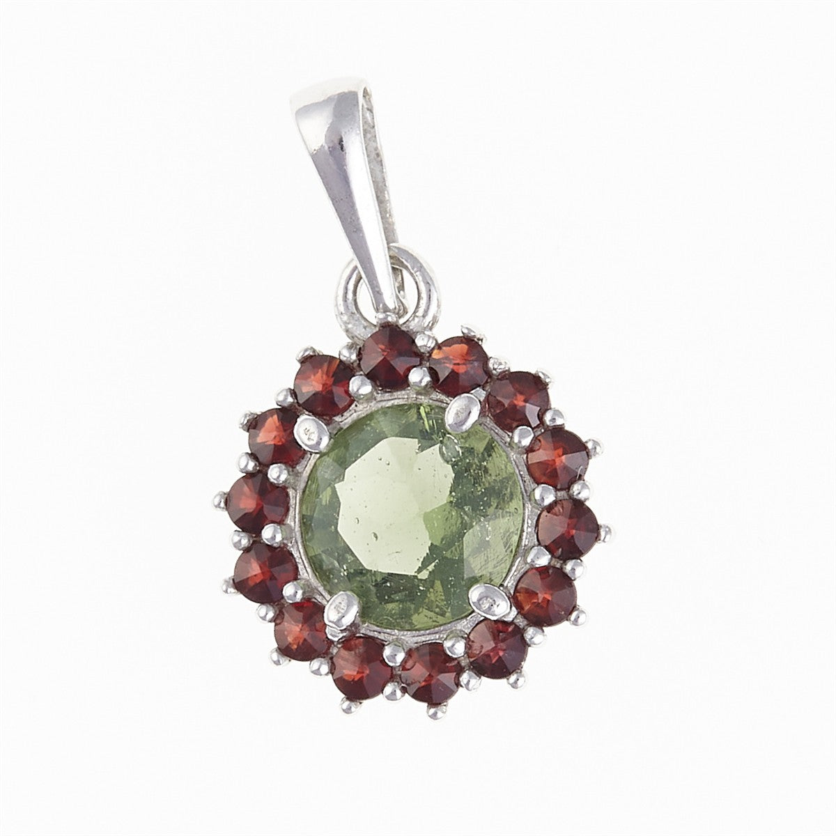 Silver pendant with moldavite and garnets 1073