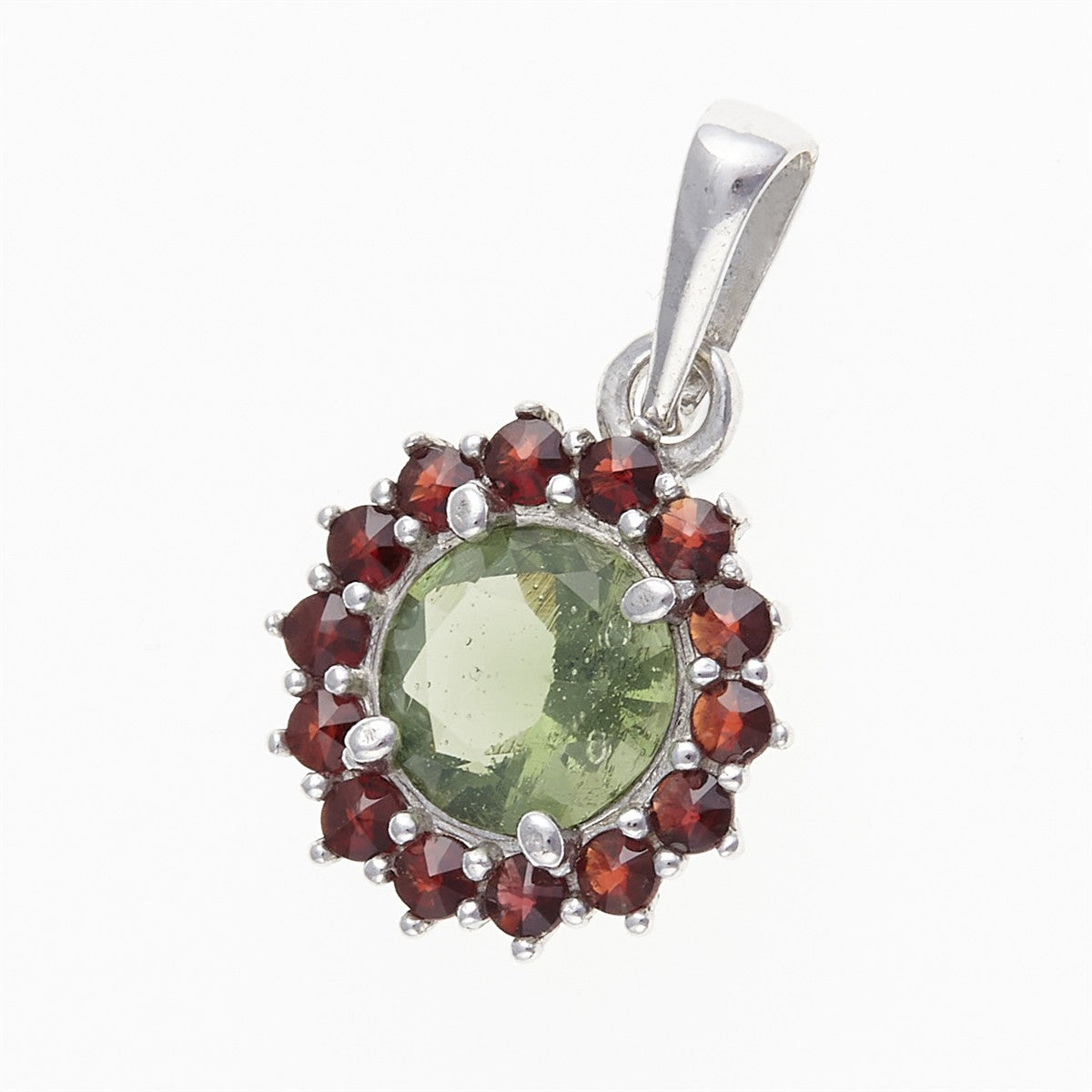 Silver pendant with moldavite and garnets 1073