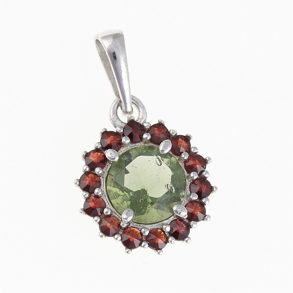 Silver pendant with moldavite and garnets 1073