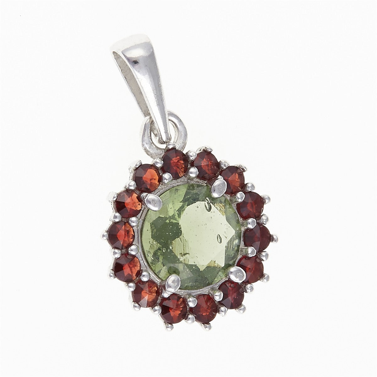 Silver pendant with moldavite and garnets 1073