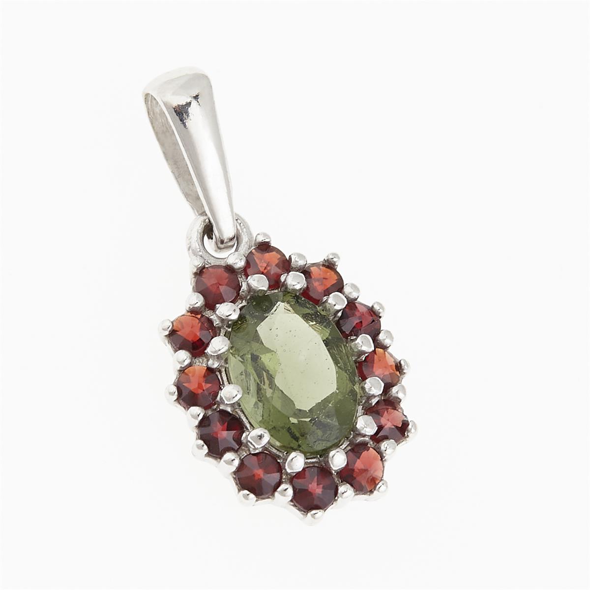 Silver pendant with moldavite and garnets 1075