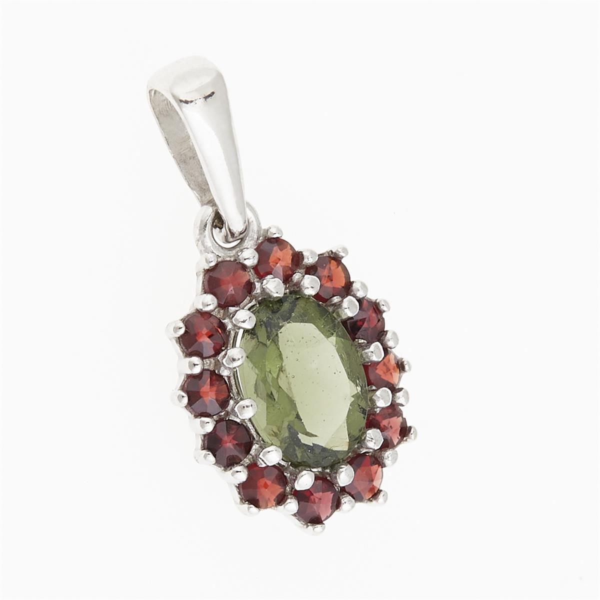 Silver pendant with moldavite and garnets 1075