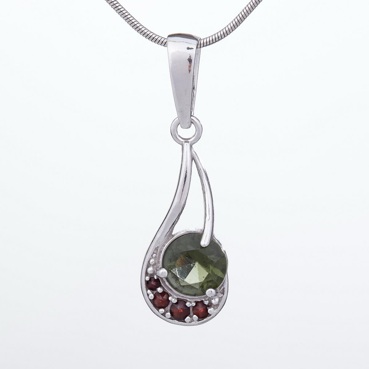 Silver pendant with moldavite and garnets 1112