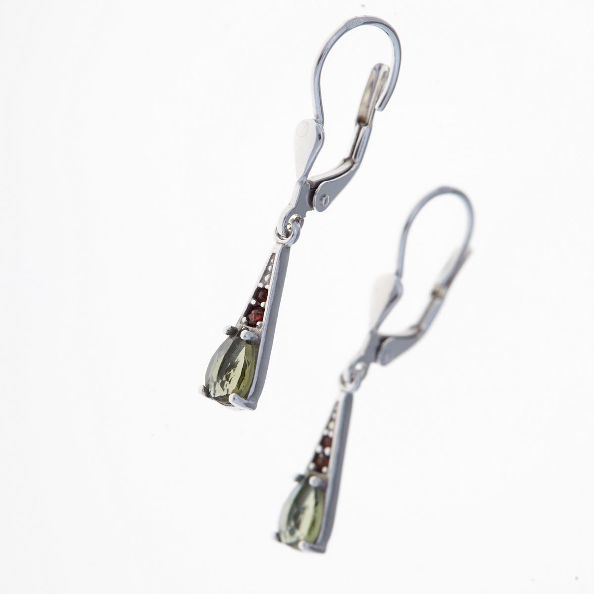 Silver earrings with moldavites and garnets 2002-4