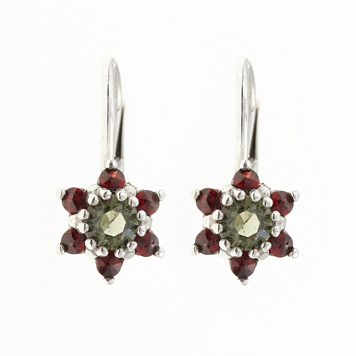 Silver earrings with moldavites and garnets 2007-4