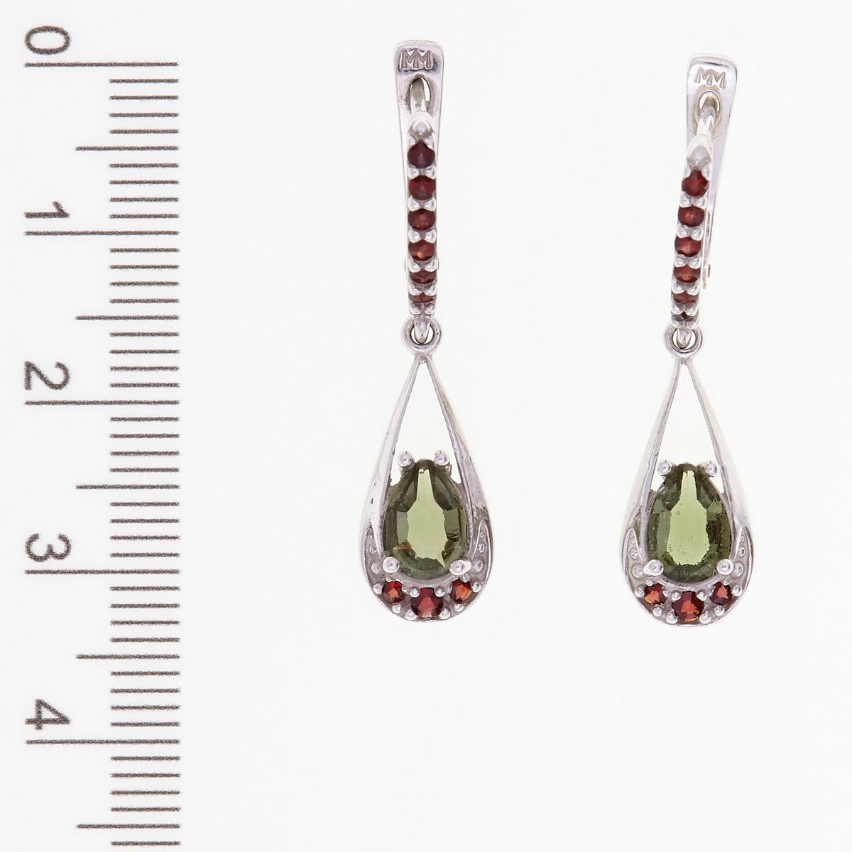 Silver earrings with moldavite and garnets 2010-1