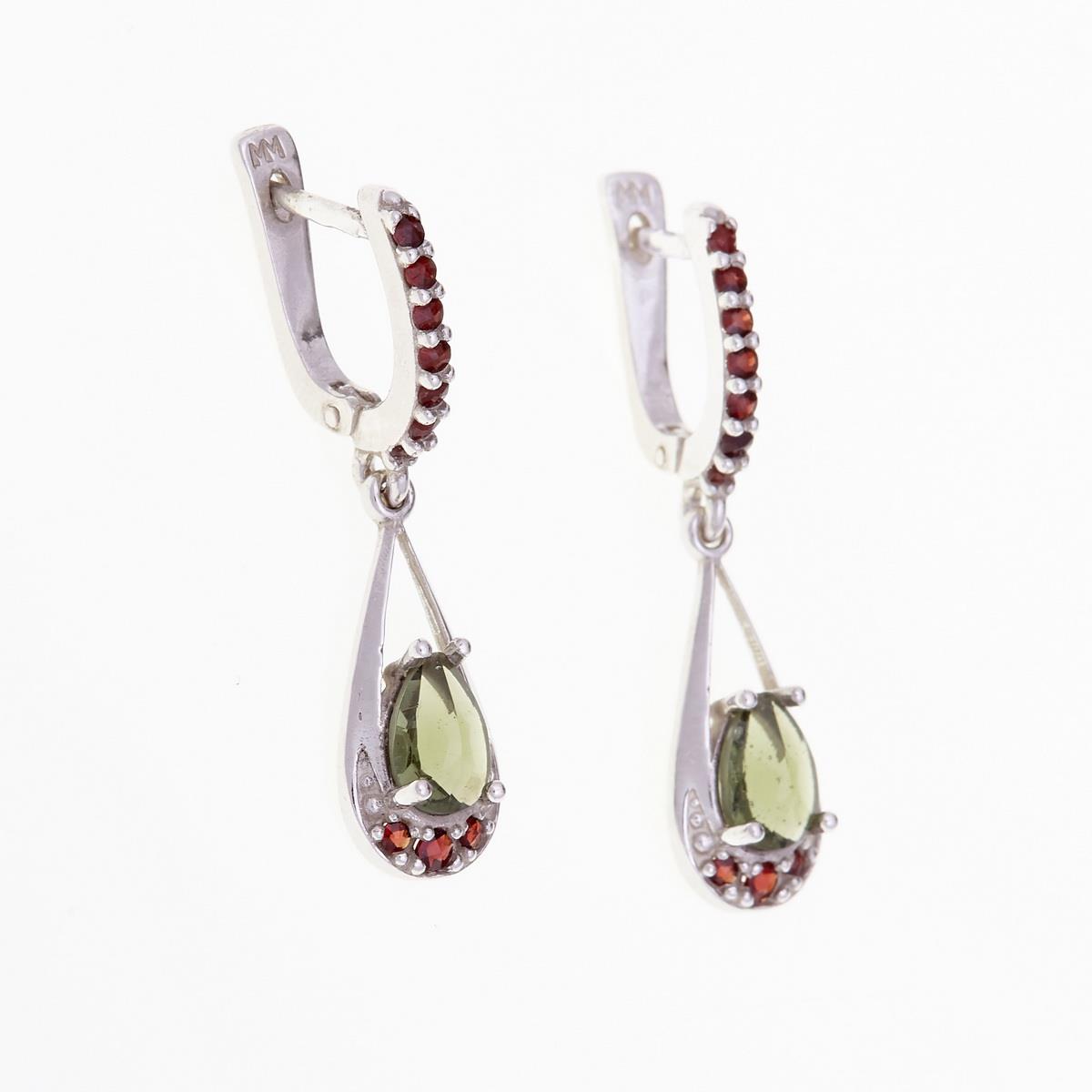 Silver earrings with moldavite and garnets 2010-1