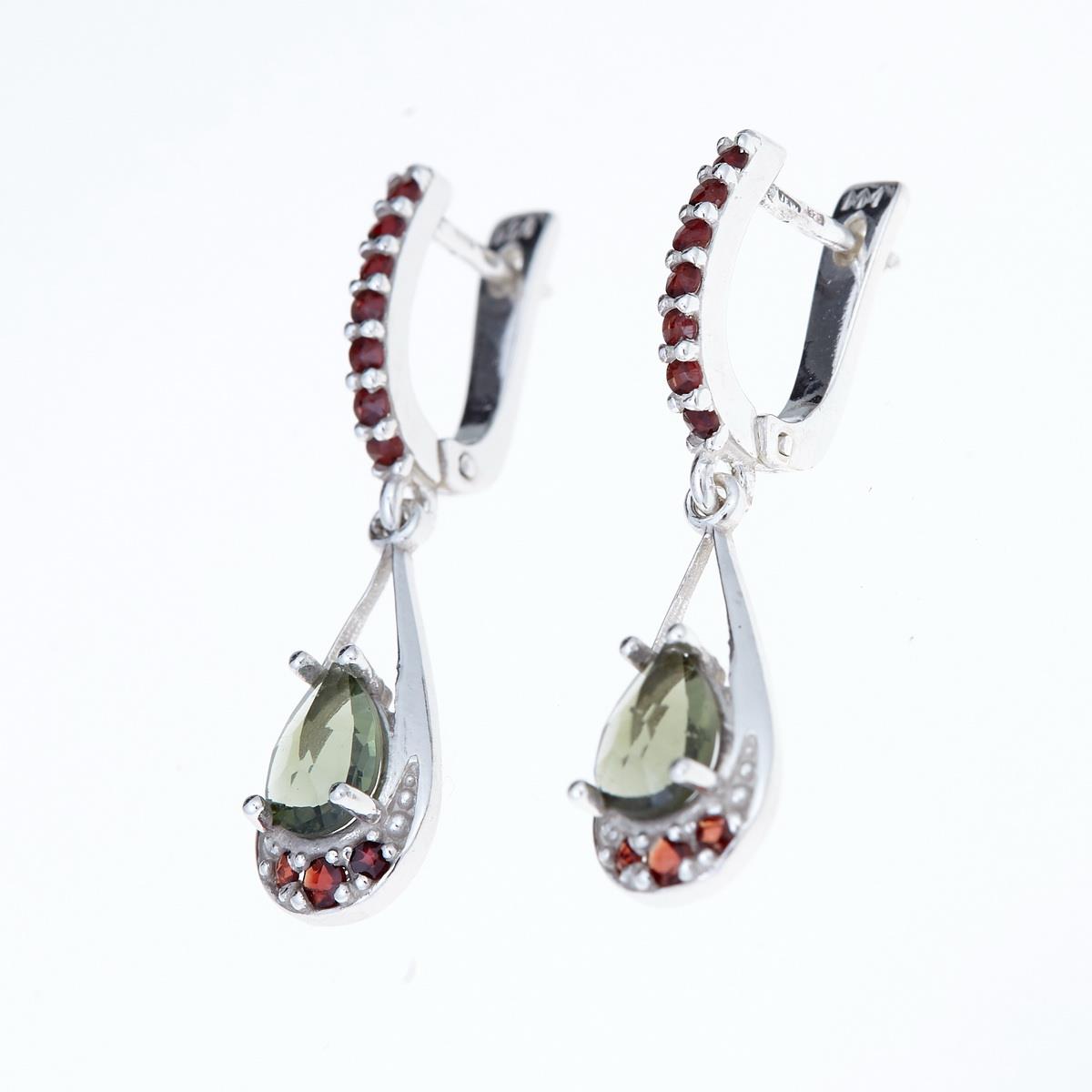 Silver earrings with moldavite and garnets 2010-1
