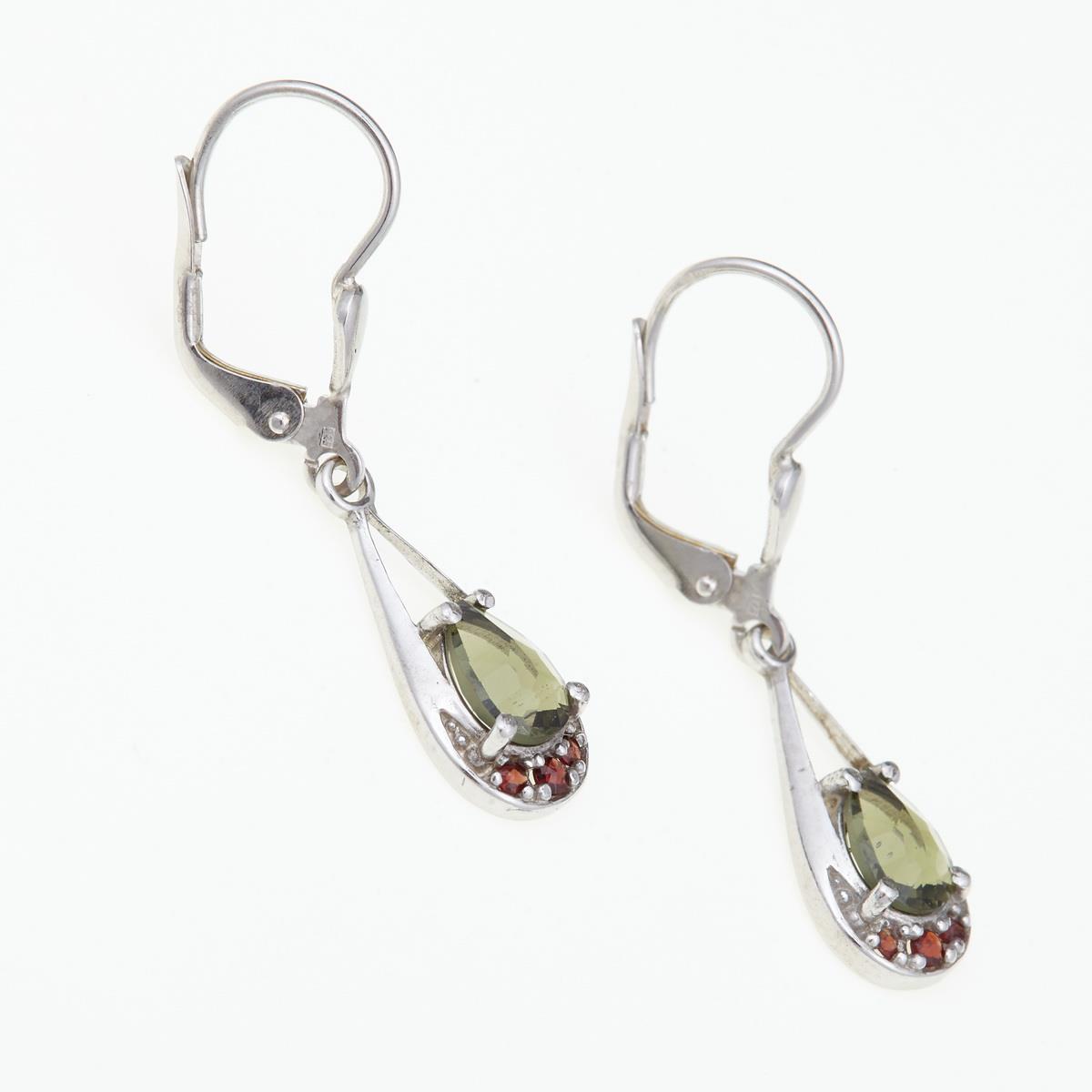 Silver earrings with moldavite and garnets 2010-4