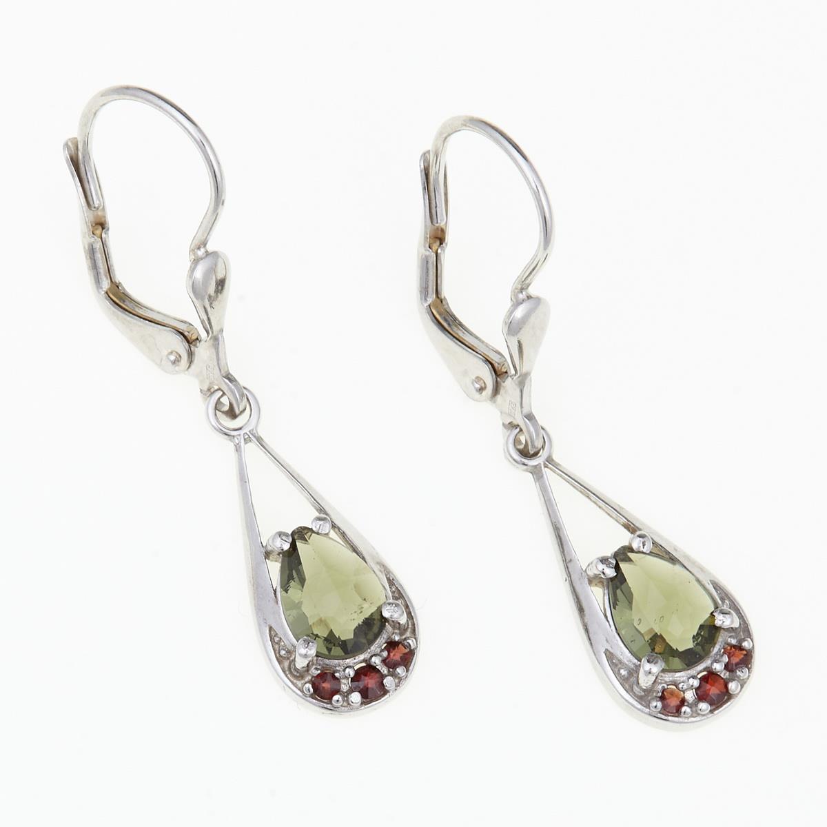 Silver earrings with moldavite and garnets 2010-4