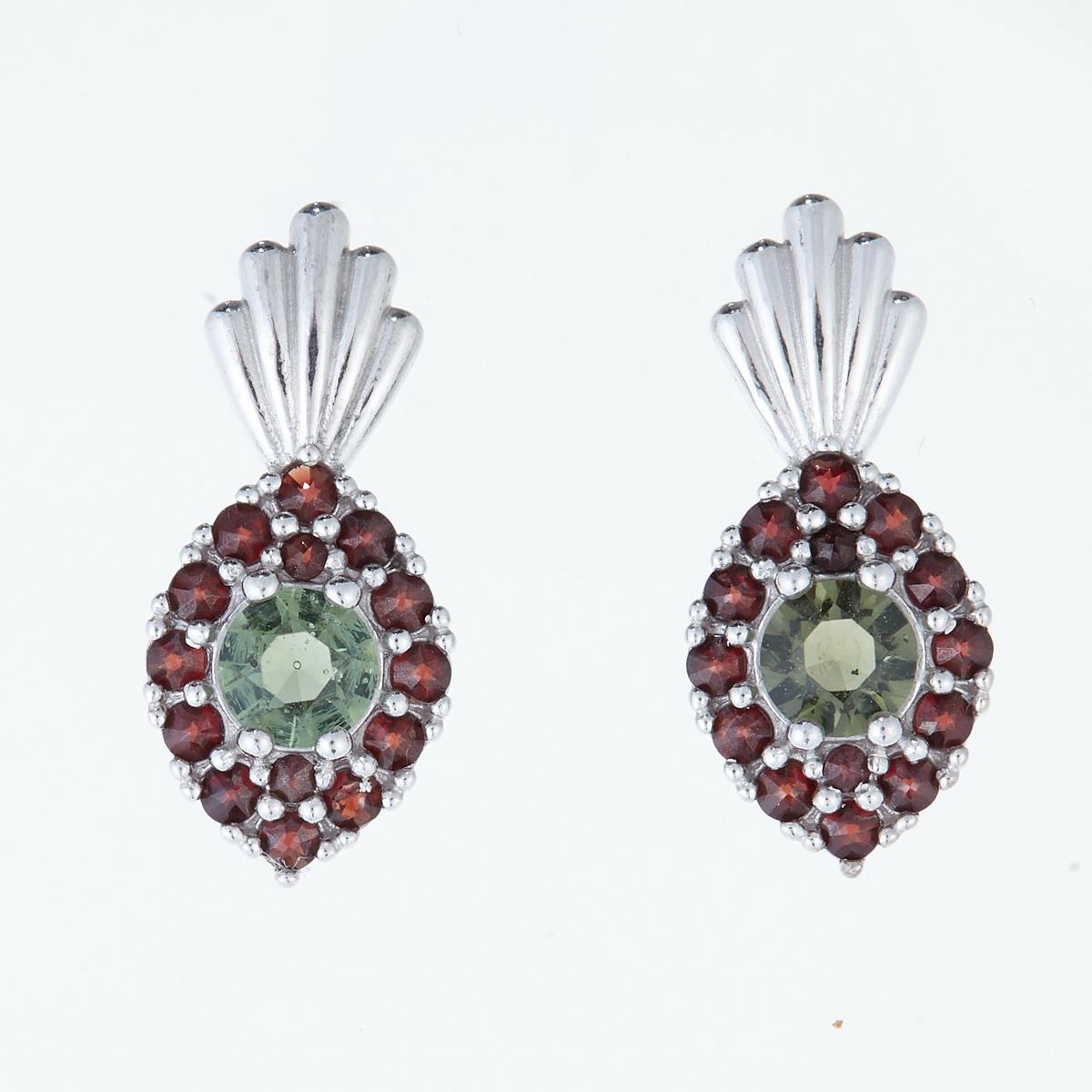 Silver earrings with moldavites and garnets 2016-3
