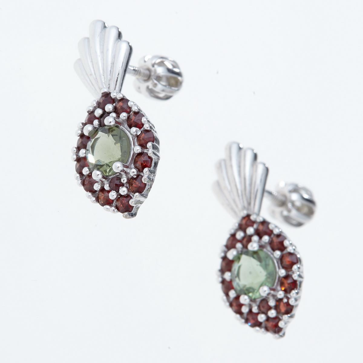 Silver earrings with moldavites and garnets 2016-3