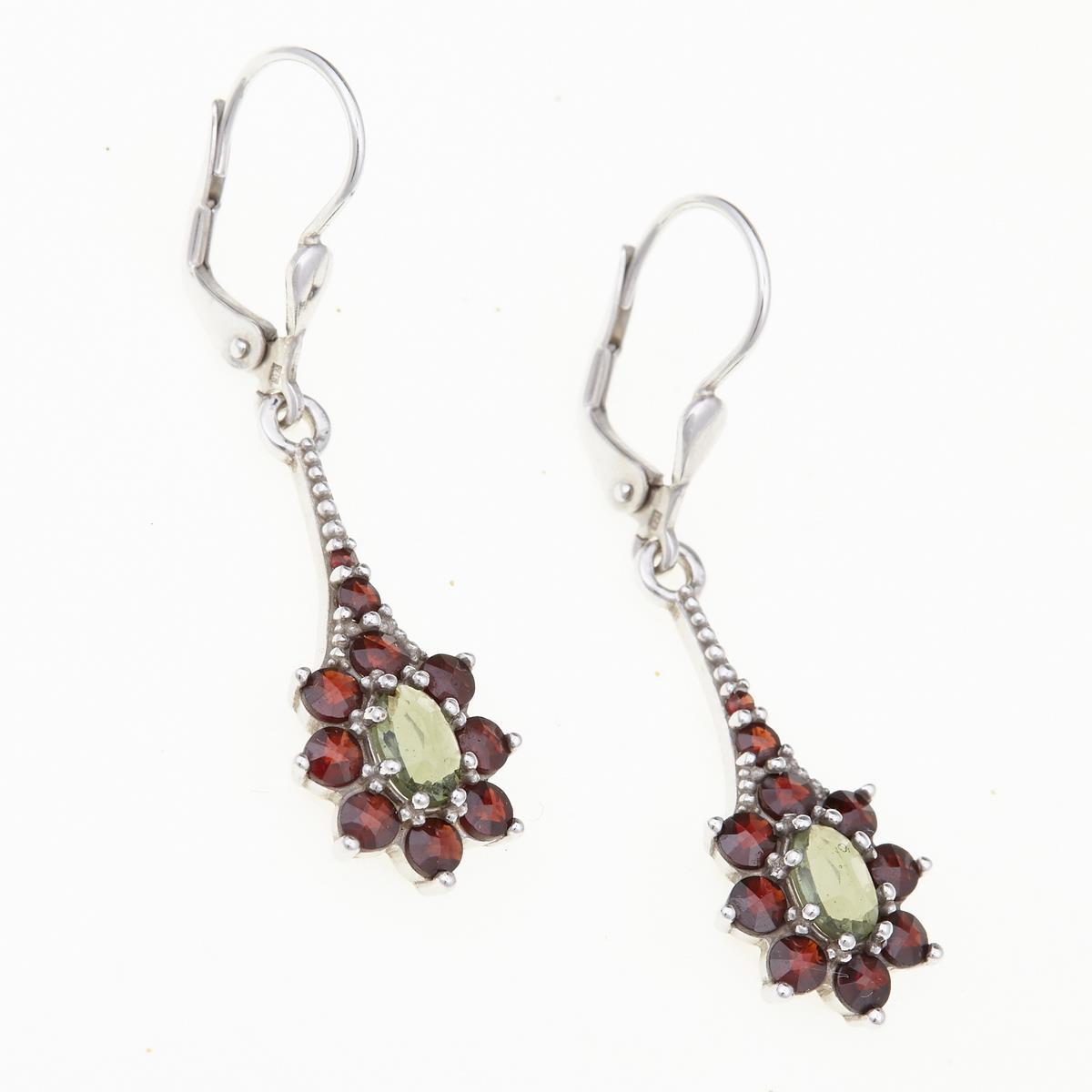 Silver earrings with moldavites and garnets 2017-4G