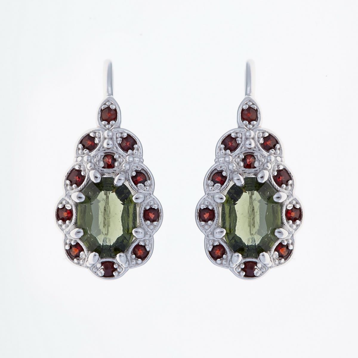 Silver earrings with moldavites and garnets 2039-4