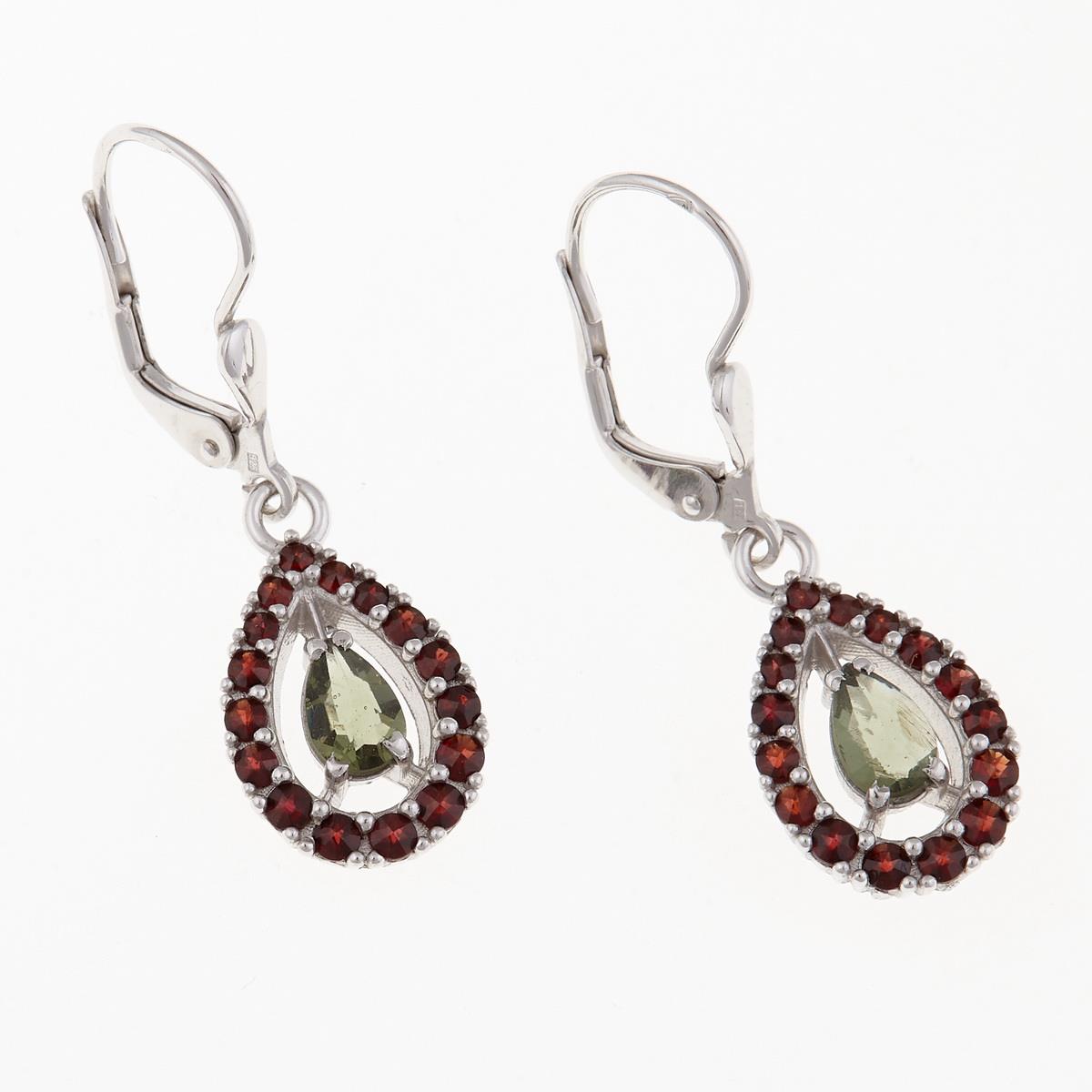 Silver earrings with moldavite and garnets 2046G