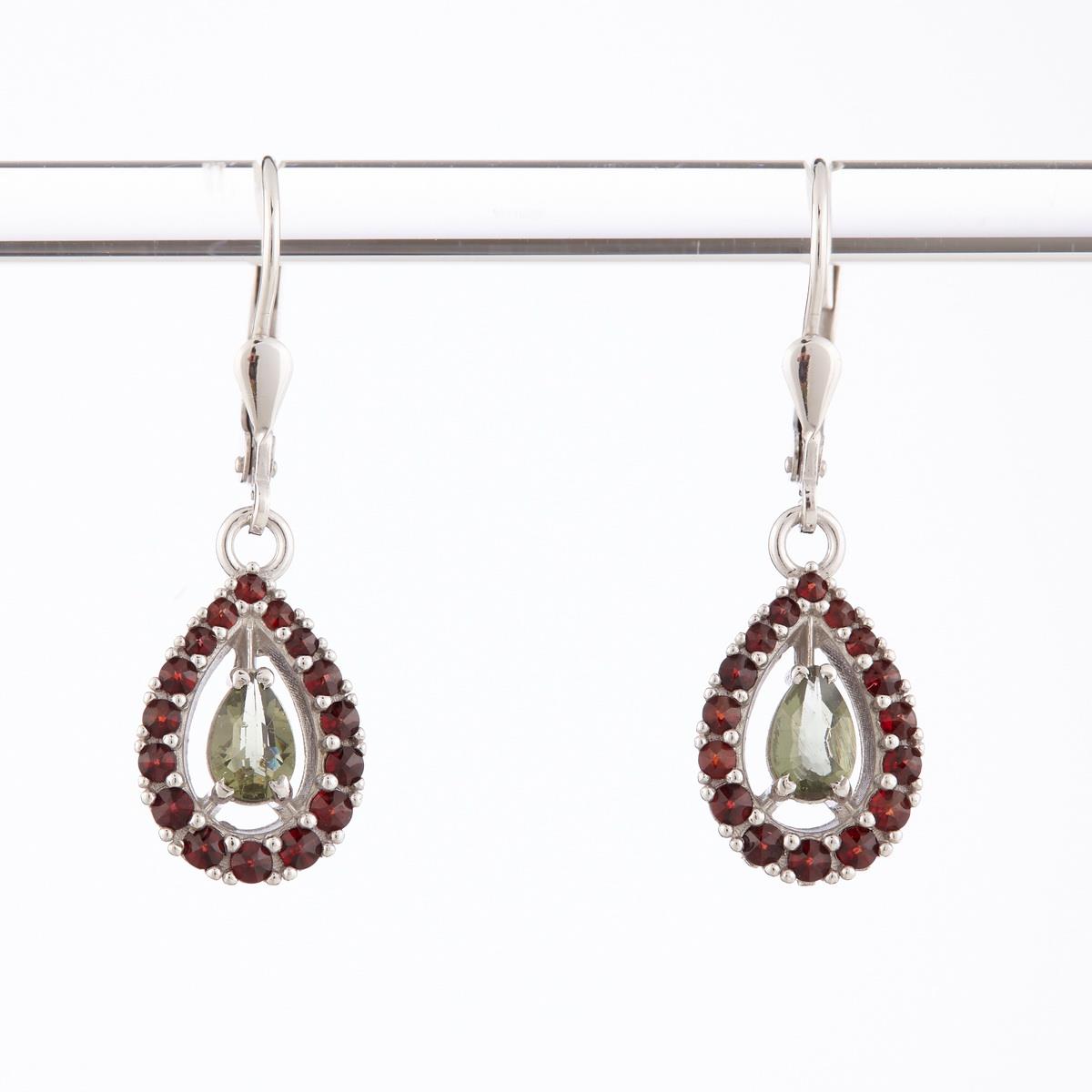 Silver earrings with moldavite and garnets 2046G