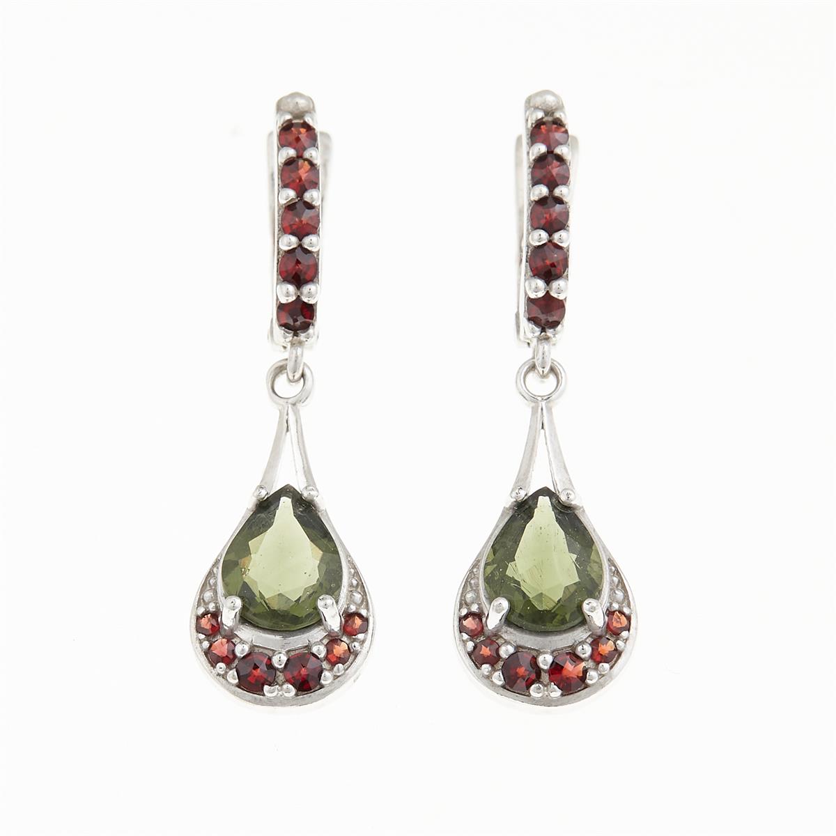 Silver earrings with moldavite and garnets 2064-1