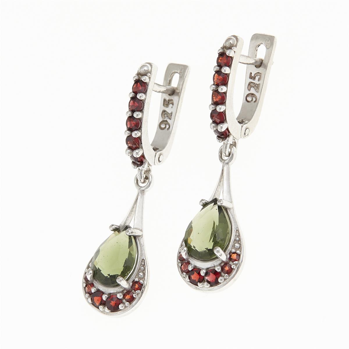 Silver earrings with moldavite and garnets 2064-1