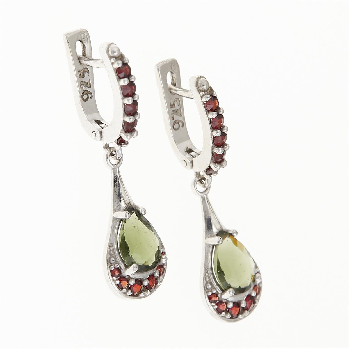 Silver earrings with moldavite and garnets 2064-1