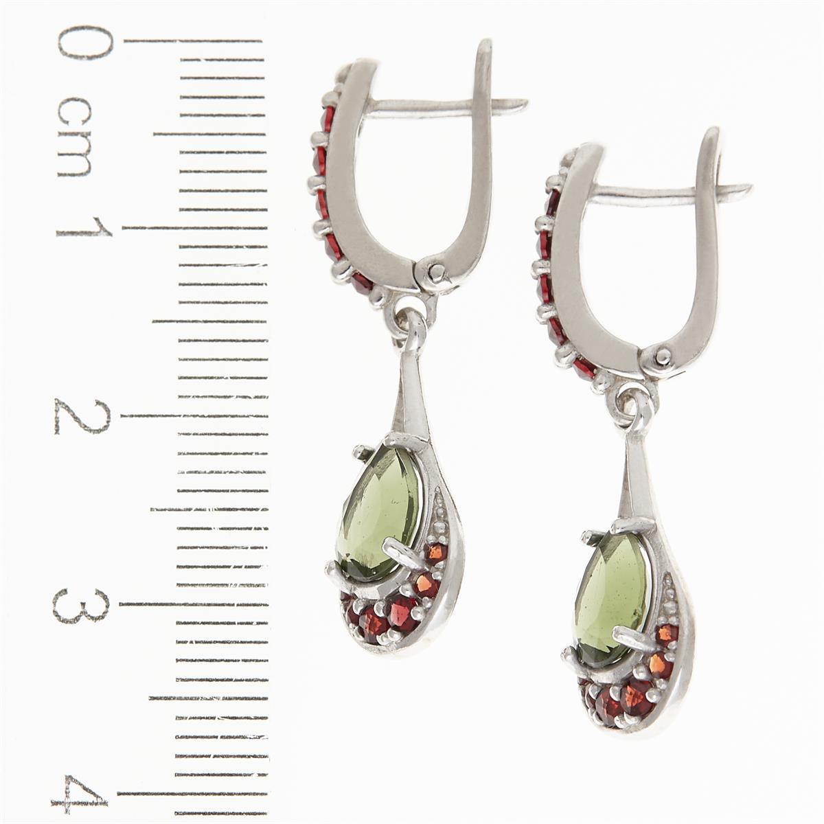 Silver earrings with moldavite and garnets 2064-1