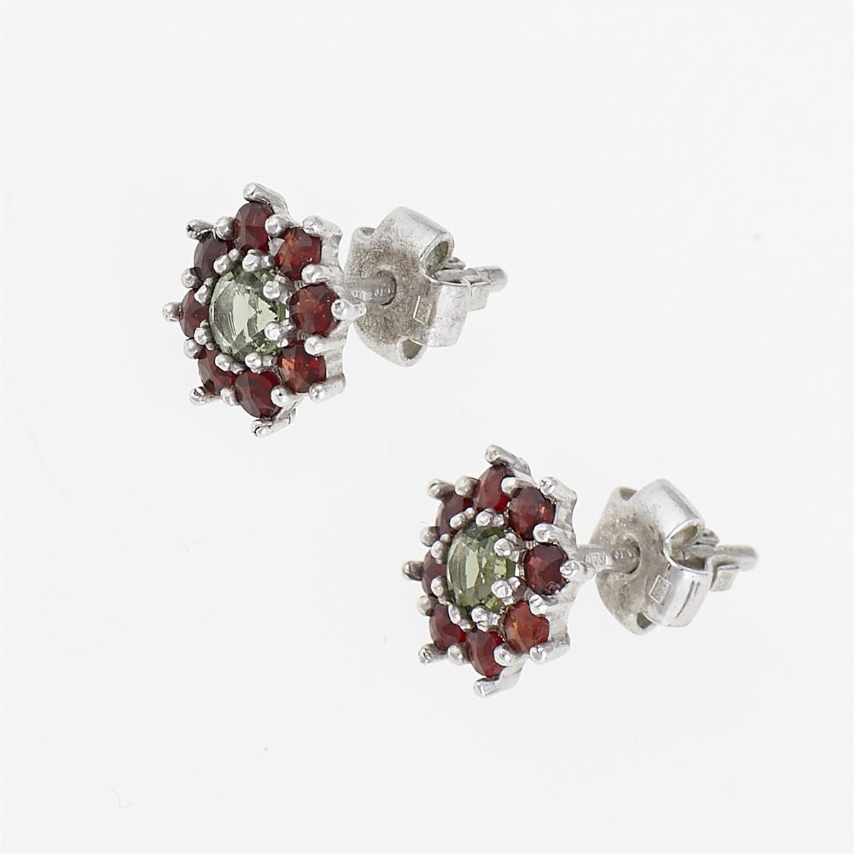 Silver earrings with moldavites and garnets 2071-2