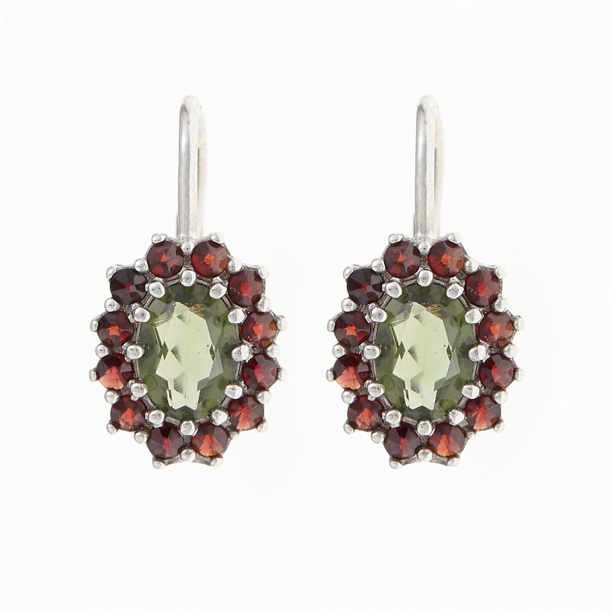 Silver earrings with moldavites and garnets 2075-4